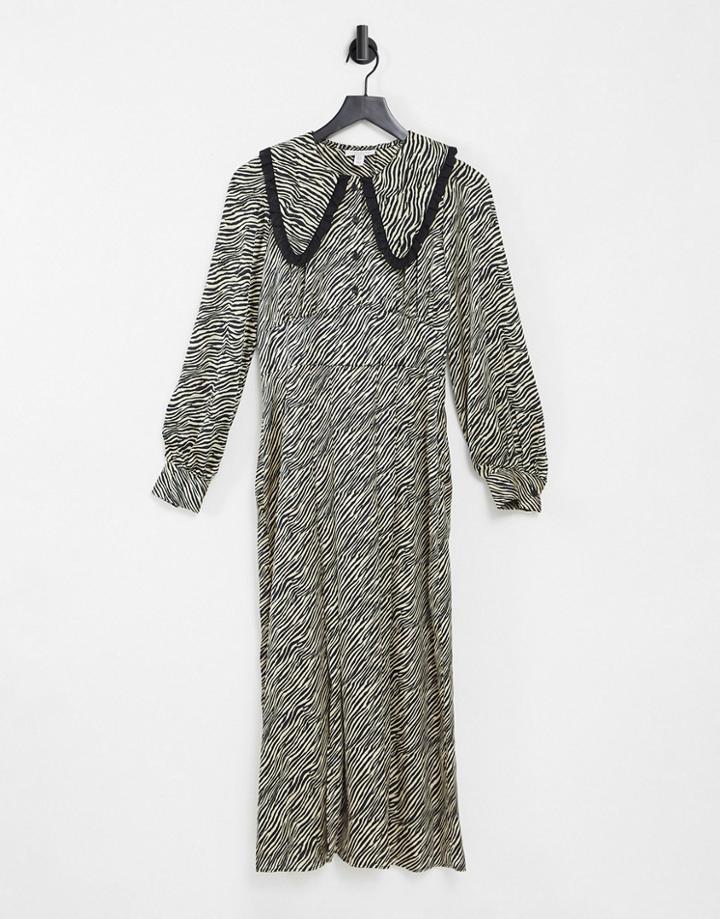 Topshop Zebra Print Collar Detail Midi Dress In Monochrome-multi