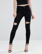 Liquor And Poker Skinny Mid Rise Ripped Jeans - Black