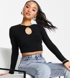 Asos Design Petite Mesh Ribbed Top With Keyhole In Black