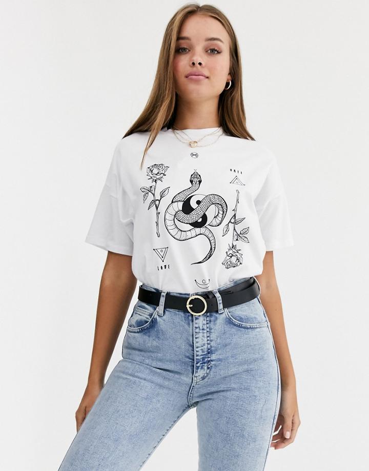 Asos Design Oversized T-shirt With Snake And Yin Yang Motif-white