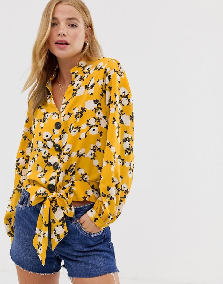 Qed London Button Through Tie Front Blouse In Yellow Floral