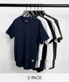 Jack & Jones Originals 5 Pack Curve Longline T-shirt In White/navy/black-multi