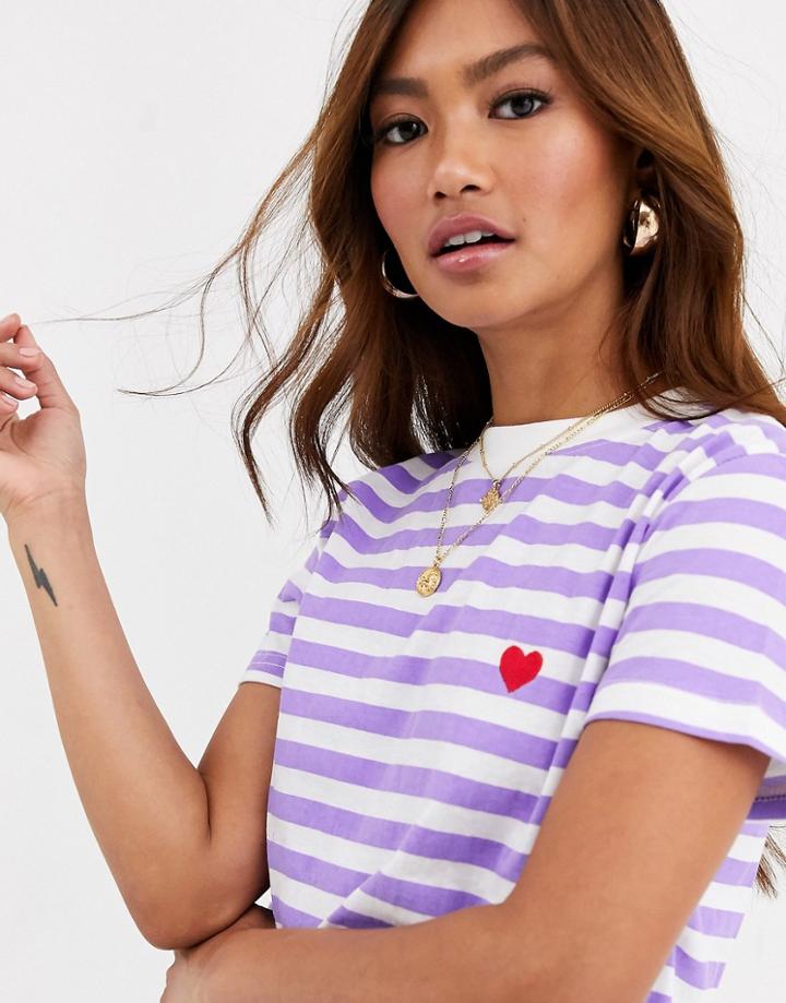 Daisy Street Relaxed T-shirt With Heart Embroidery In Stripe-purple