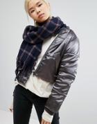 Pieces Oversized Check Scarf - Navy
