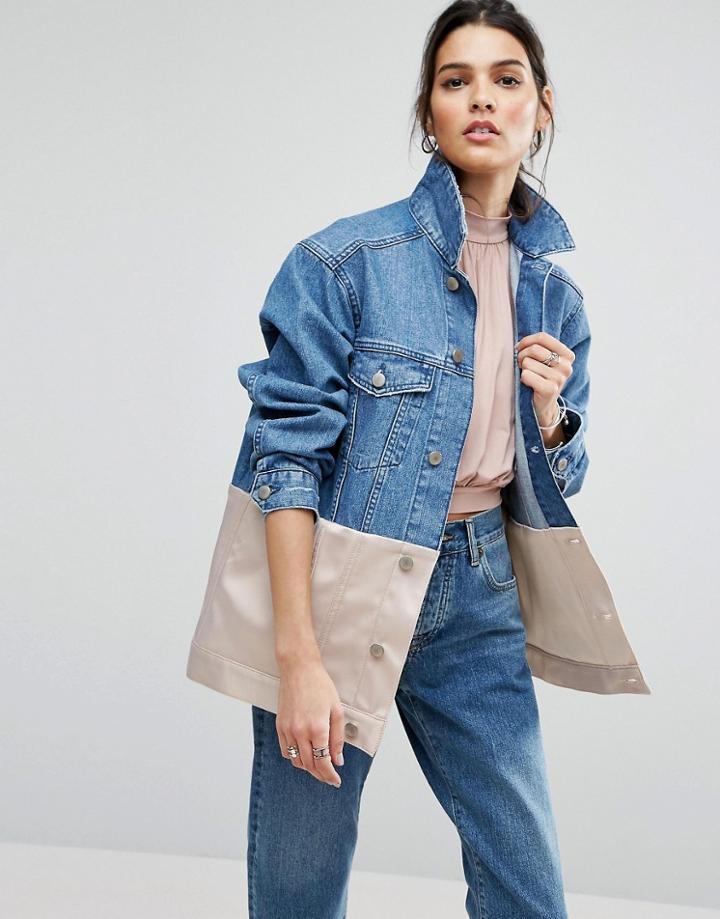 Asos Denim Girlfriend Jacket Wth Pink Satin Edge - Blue