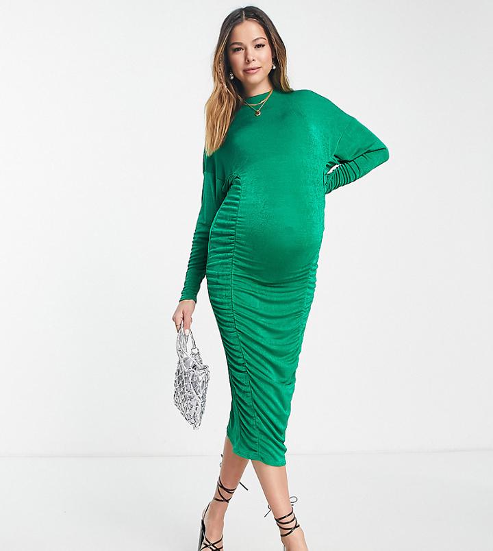 Asos Design Maternity Ruched Side Midi Dress In Green