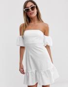 Asos Design Mini Bardot Sundress With Woven Sleeve And Hem-white