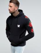 Good For Nothing Hoodie In Black With Embroidered Roses Sleeves - Black