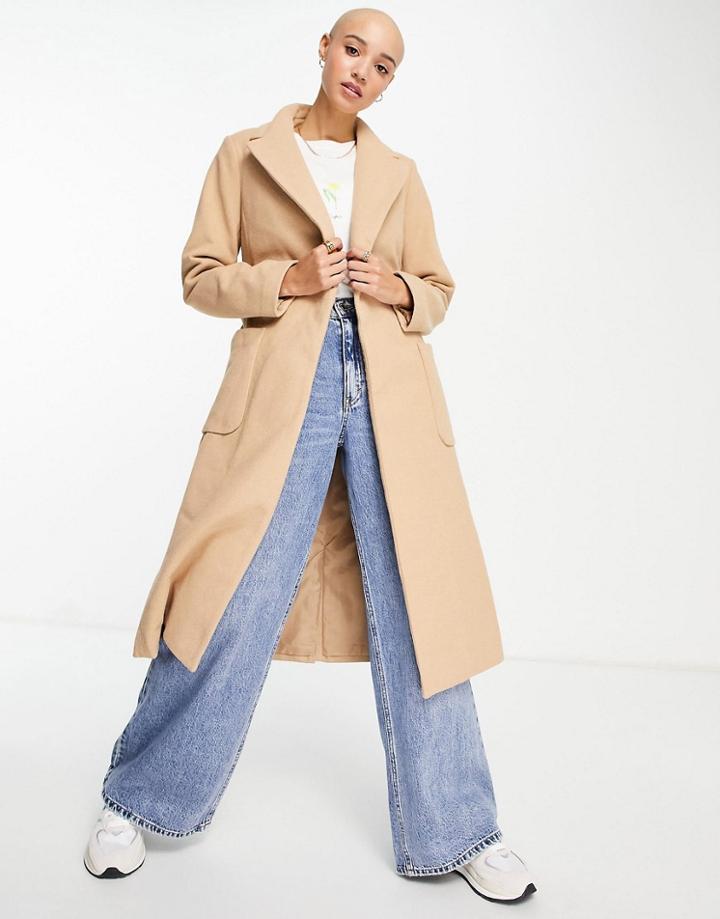 New Look Belted Tailored Coat In Dark Camel-brown