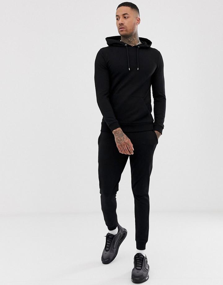Asos Design Tracksuit Muscle Hoodie/super Skinny Sweatpants In Black - Black