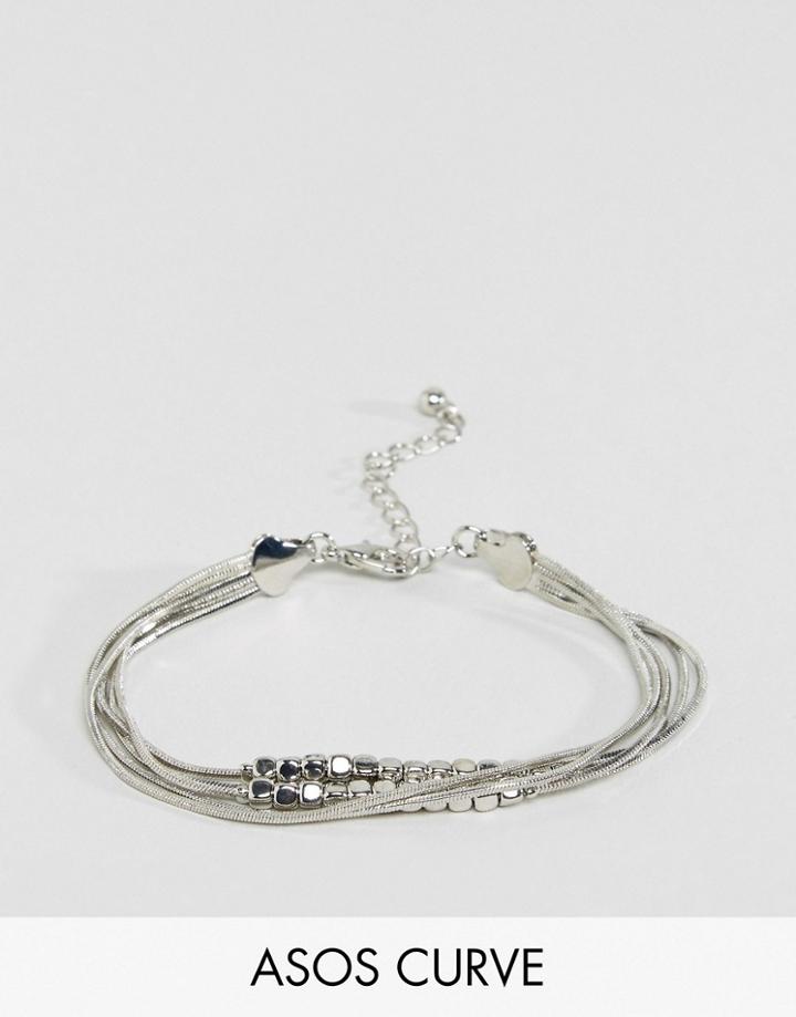 Asos Curve Fine Beads And Chain Multirow Bracelet - Silver