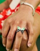 Asos Design Butterfly Ring In Green And Black Enamel-multi