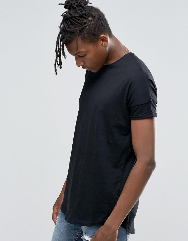 Pull & Bear Longline T-shirt In Black With Curved Hem - Black
