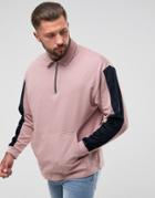 Asos Oversized Half Zip Collar Sweatshirt With Velour Sleeve Panel - Pink