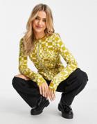 Asos Design Knitted Zip Through Cardigan In Floral Check-yellow