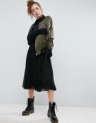 Asos Pleated Midi Skirt With Exposed Elastic Waistband - Black