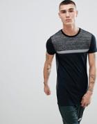 Asos Design Muscle Longline T-shirt With Intrest Fabric Yoke Panel And Reflective Taping In Black - Black