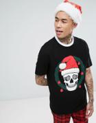 Asos Holidays Longline T-shirt With Skull Print And Borg Santa Hat - Black