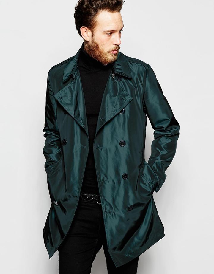 Asos Trench Coat In Two Tone Fabric In Emerald Green - Green