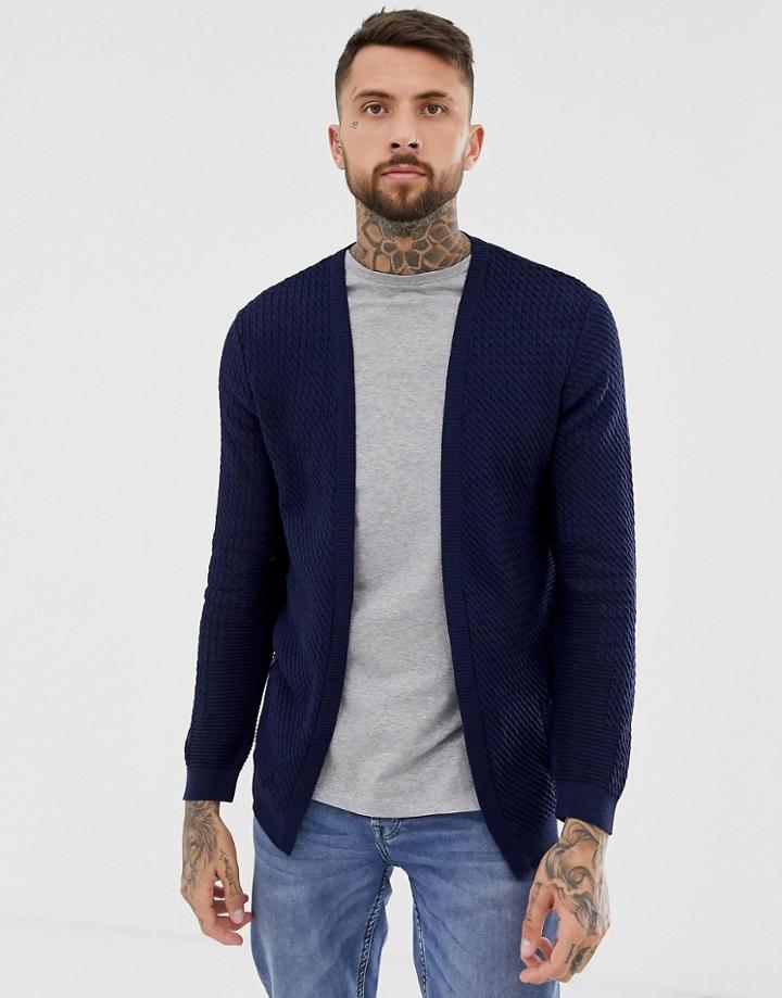 Asos Design Lightweight Cable Cardigan In Navy - Navy