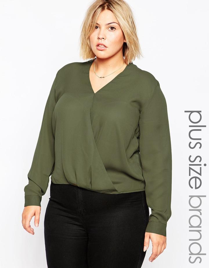 Brave Soul Plus Long Sleeve Wrap Front Blouse - Khaki