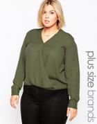 Brave Soul Plus Long Sleeve Wrap Front Blouse - Khaki