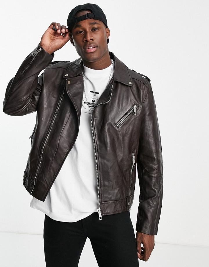 Asos Design Real Leather Moto Jacket In Brown