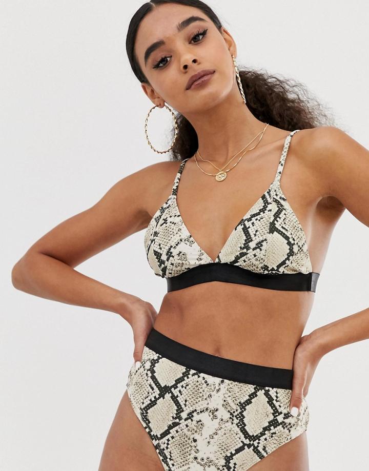 Prettylittlething High Waisted Bikini Bottoms With Contrast Binding In Snake - Multi