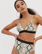 Prettylittlething High Waisted Bikini Bottoms With Contrast Binding In Snake - Multi