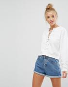 New Look Cropped Lace Up Sweat - Cream