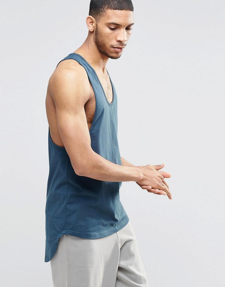 Asos Longline Tank With Stitch Detail - Blue