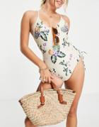Vero Moda Ruched Side Swimsuit In Cream Floral-multi