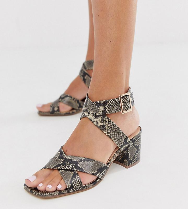 London Rebel Wide Fit Block Heel Sandals In Snake-beige