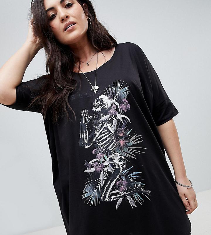 Religion Plus Oversize T-shirt Dress With Tropical Skeleton - Black