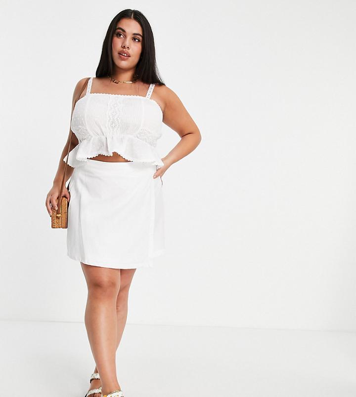 Asos Design Curve Linen Look Wrap Mini Skirt In White