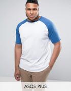 Asos Plus Longline T-shirt With Contrast Raglan And Curved Hem - White