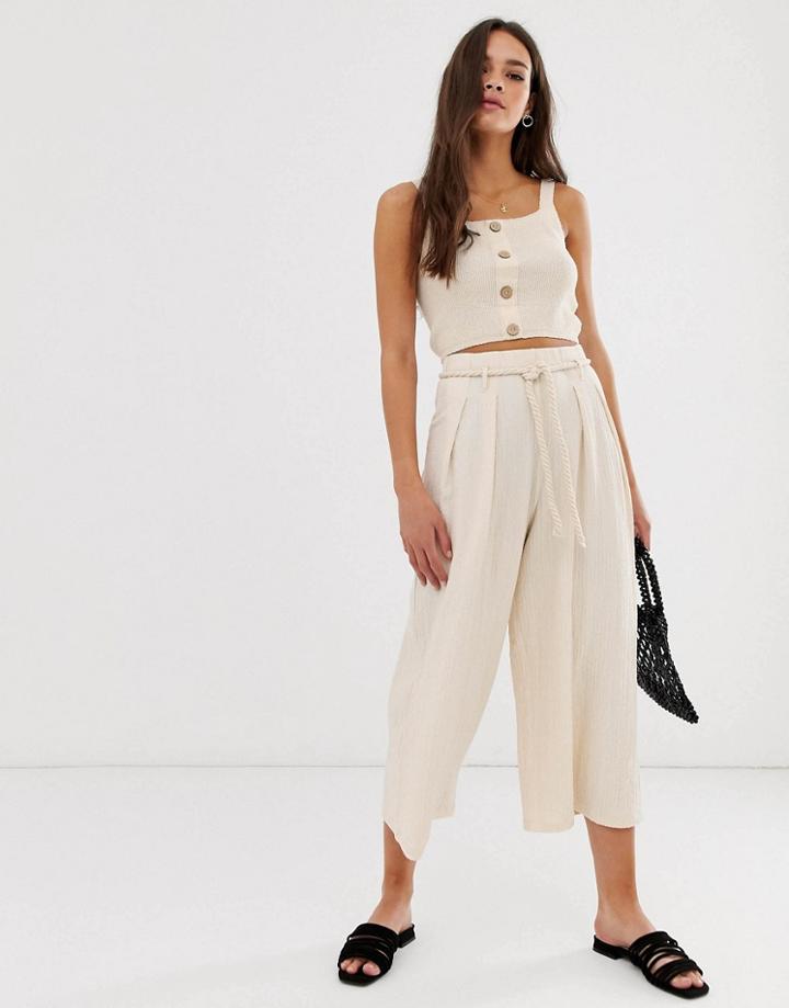 Asos Design Textured Culotte With Rope Belt - Cream