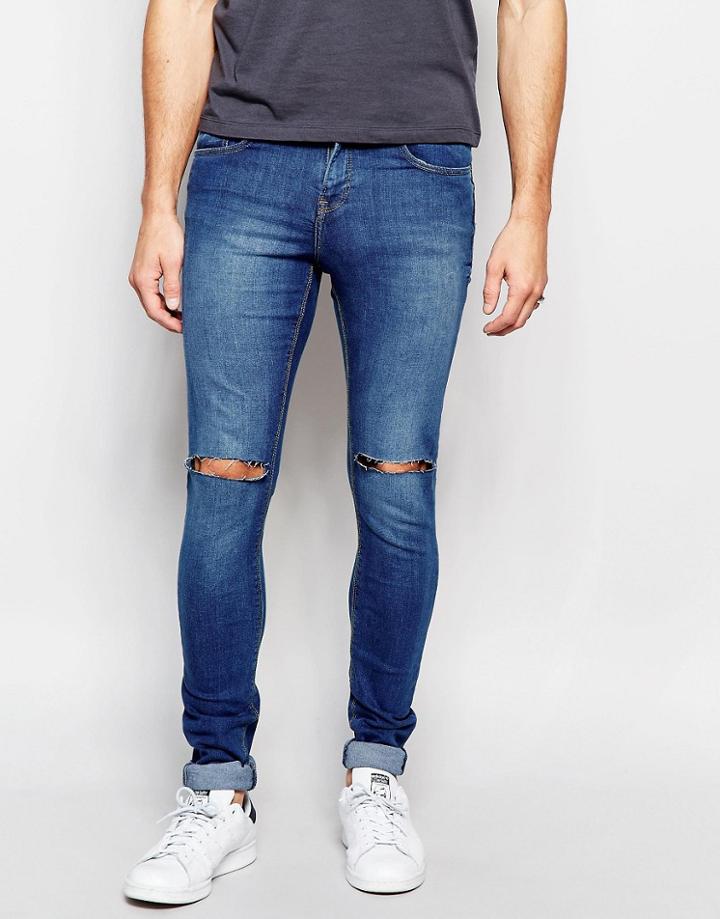 Pull & Bear Super Skinny Fit Jeans With Rips In Dark Wash Blue - Blue