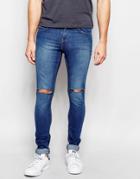 Pull & Bear Super Skinny Fit Jeans With Rips In Dark Wash Blue - Blue