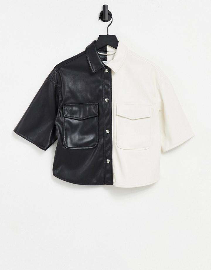 Bershka Faux Leather Short Sleeve Split Color Block Shirt In Mono - Part Of A Set-multi