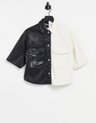 Bershka Faux Leather Short Sleeve Split Color Block Shirt In Mono - Part Of A Set-multi