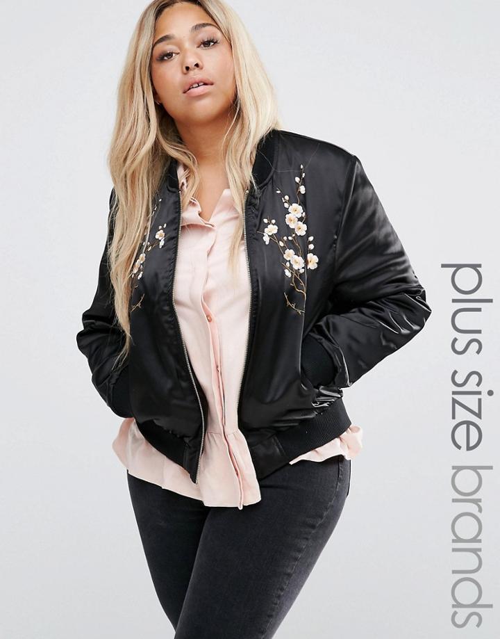 Brave Soul Plus Bomber Jacket With Embroidery - Black