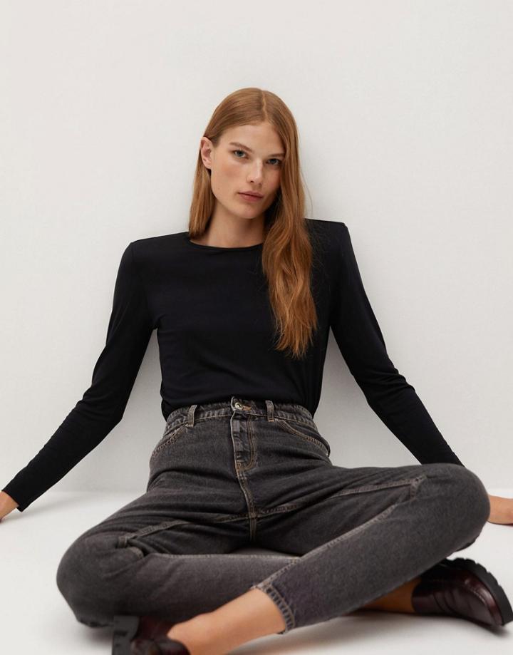 Mango Organic Cotton Long Sleeve T-shirt With Shoulder Pads In Black