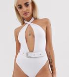 Asos Design Petite High Neck Deep Plunge Western Belted Swimsuit In White Bandage - White