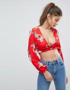 Missguided Open Back Tie Detail Floral Top - Red