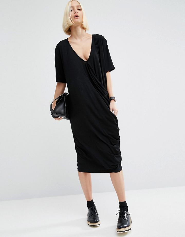 Asos White V-neck Dress With Drape Detail - Black