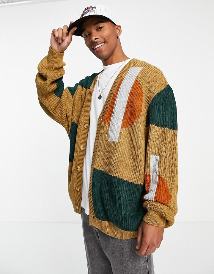 Asos Design Knitted Jacquard Cardigan With Abstract Shapes-brown