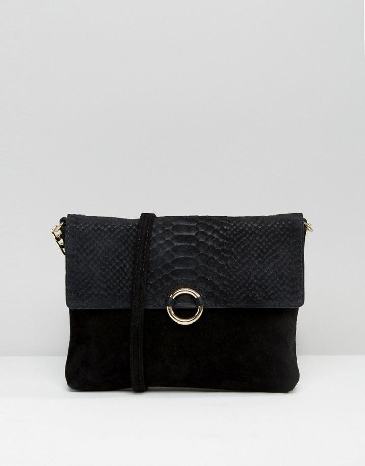 Asos Suede Snake Embossed Ring Detail Cross Body Bag - Black