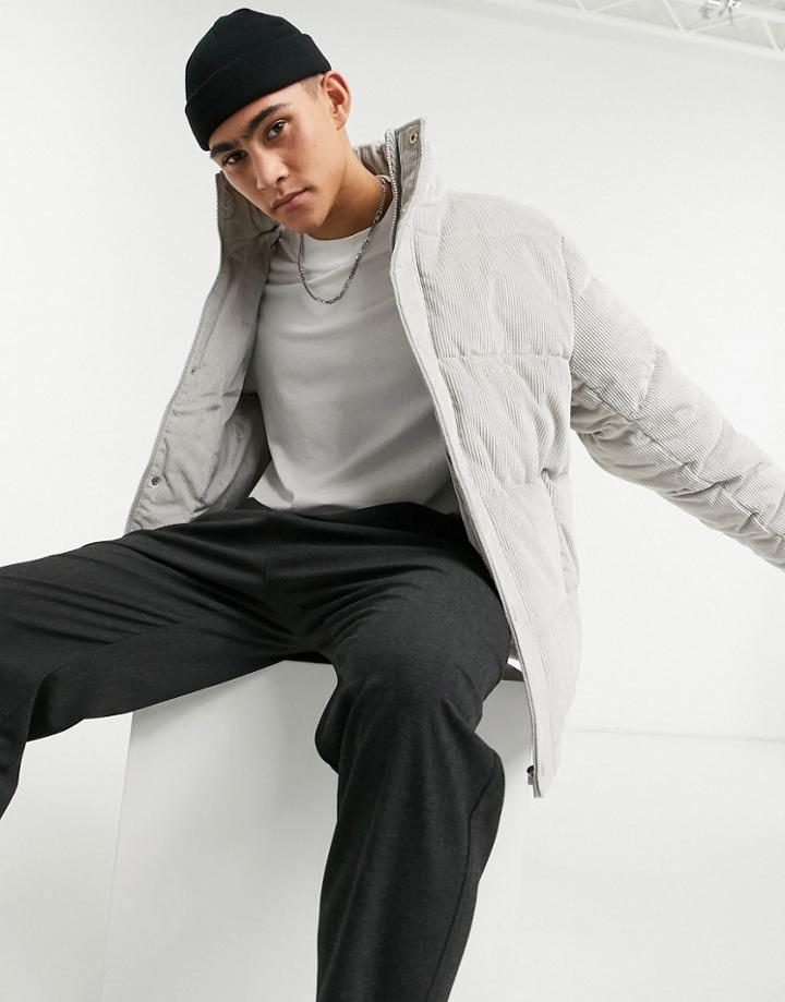 Asos Design Puffer Jacket In Gray Corduroy-grey