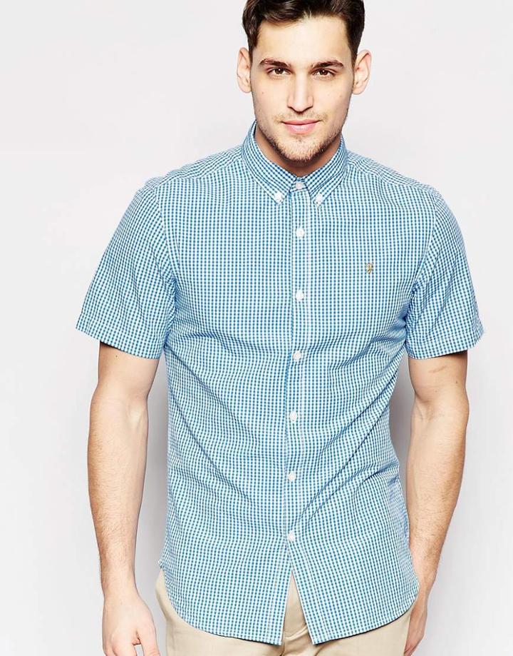 Farah Shirt With Gingham Check Slim Fit Short Sleeves - Blue